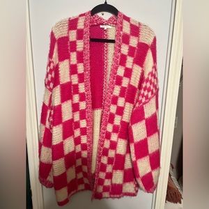 Fun pink checkered knit cardigan